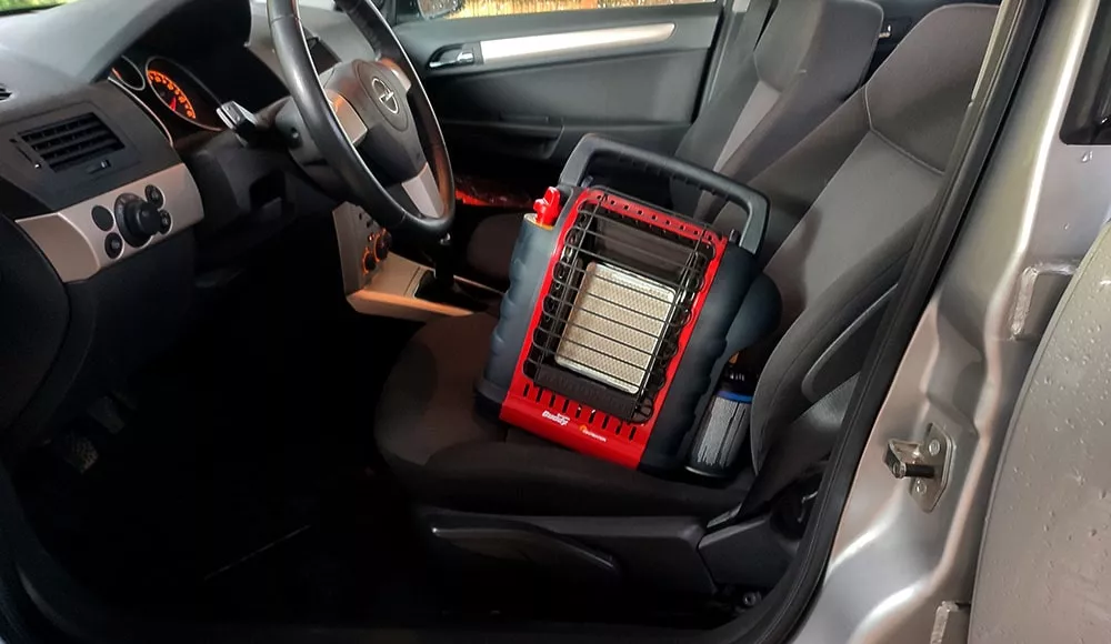 mr heater buddy propane heater on car seat