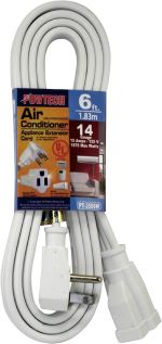 A thick, heavy-duty POWTECH extension cord suitable for high-wattage heaters